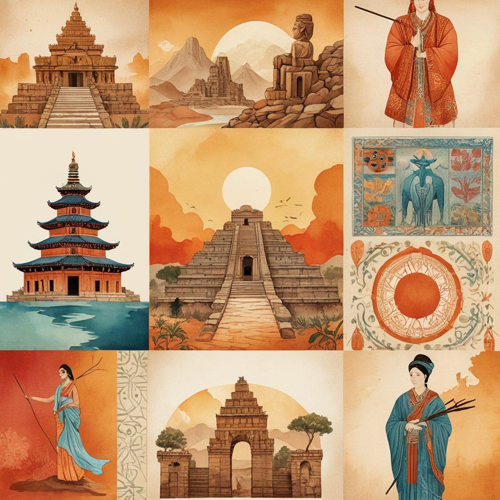 A beautifully arranged collage featuring iconic cultural symbols from various civilizations, such as ancient ruins, traditional garments, and historical artifacts, interwoven with soft, flowing lines representing the passage of time. Utilize a warm, inviting color palette to evoke nostalgia and connection between cultures. Background should blend subtly to enhance the focus on the details. Include a mix of artistic styles, including watercolor and textured vintage illustrations. vibrant colors. watercolor. vintage style.