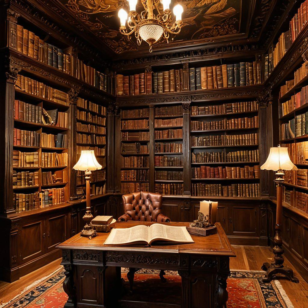 A mystical library filled with ancient tomes, where glowing pages float in the air, illuminating intricate designs of historical artifacts and maps. Whimsical dust motes dance in the warm light, creating an enchanting atmosphere. In the corner, a quill and inkwell sit atop a beautifully carved wooden desk, hinting at the tales waiting to be discovered. The walls are adorned with vintage portraits and tapestries depicting legendary events. super-realistic. vibrant colors. warm tones.