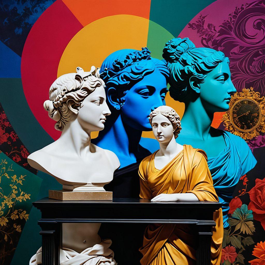 A captivating collage of historical artifacts like ancient sculptures, classic paintings, and vintage textiles, intertwined with modern artistic interpretations. The backdrop should blend vibrant colors that evoke a sense of time traveling through different eras while highlighting the evolution of aesthetics. Include silhouettes of notable historical figures in discussion, symbolizing the influence of their accounts. Super-realistic. Vibrant colors. Elegant swirl patterns.